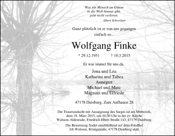 Traueranzeige von Wolfgang Finke von Tageszeitung