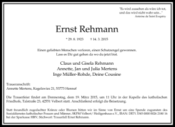 Traueranzeige von Ernst Rehmann von Tageszeitung
