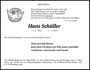 Traueranzeige von Hans Schüller von Tageszeitung