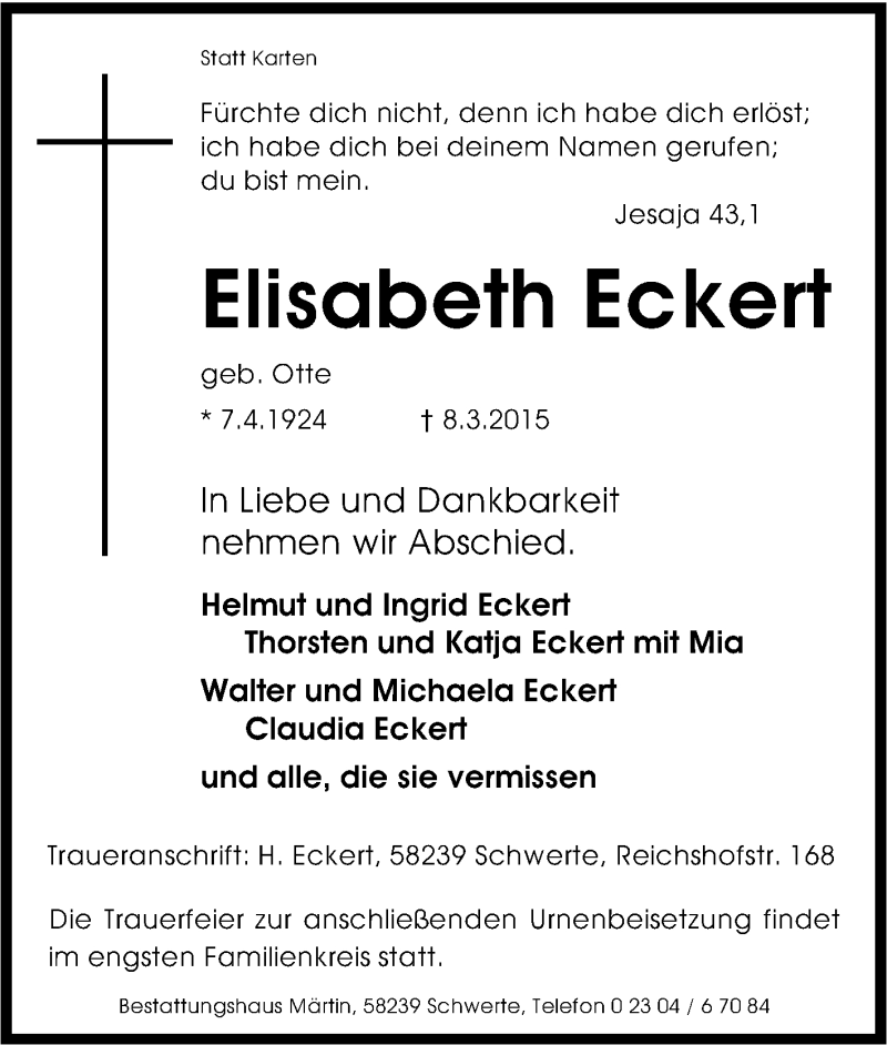  Traueranzeige für Elisabeth Eckert vom 11.03.2015 aus Tageszeitung