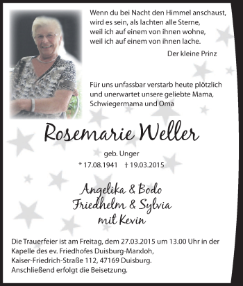 Traueranzeige von Rosemarie Weller von Tageszeitung