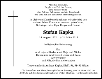 Traueranzeige von Stefan Kapka von Tageszeitung