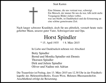 Traueranzeige von Horst Spindler von Tageszeitung