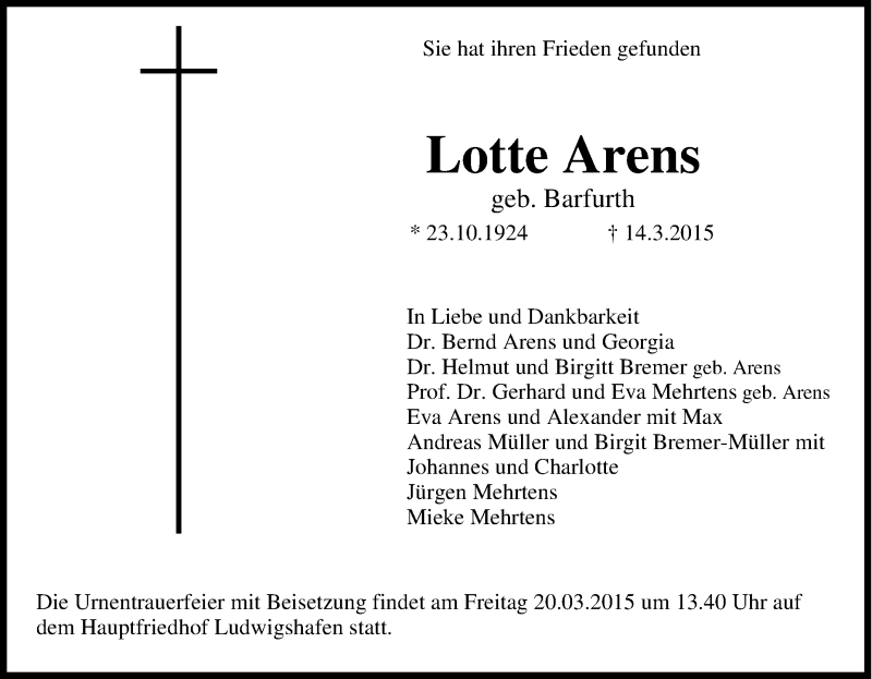  Traueranzeige für Lotte Arens vom 17.03.2015 aus Tageszeitung