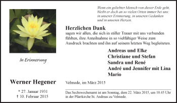 Traueranzeige von Werner Hegener von Tageszeitung