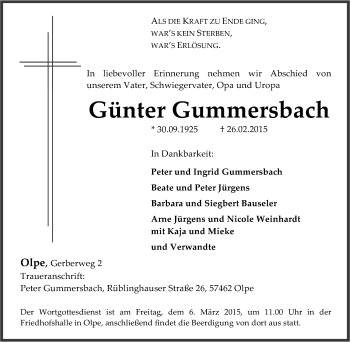 Traueranzeige von Günter Gummersbach von Tageszeitung