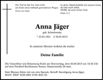 Traueranzeige von Anna Jäger von Tageszeitung