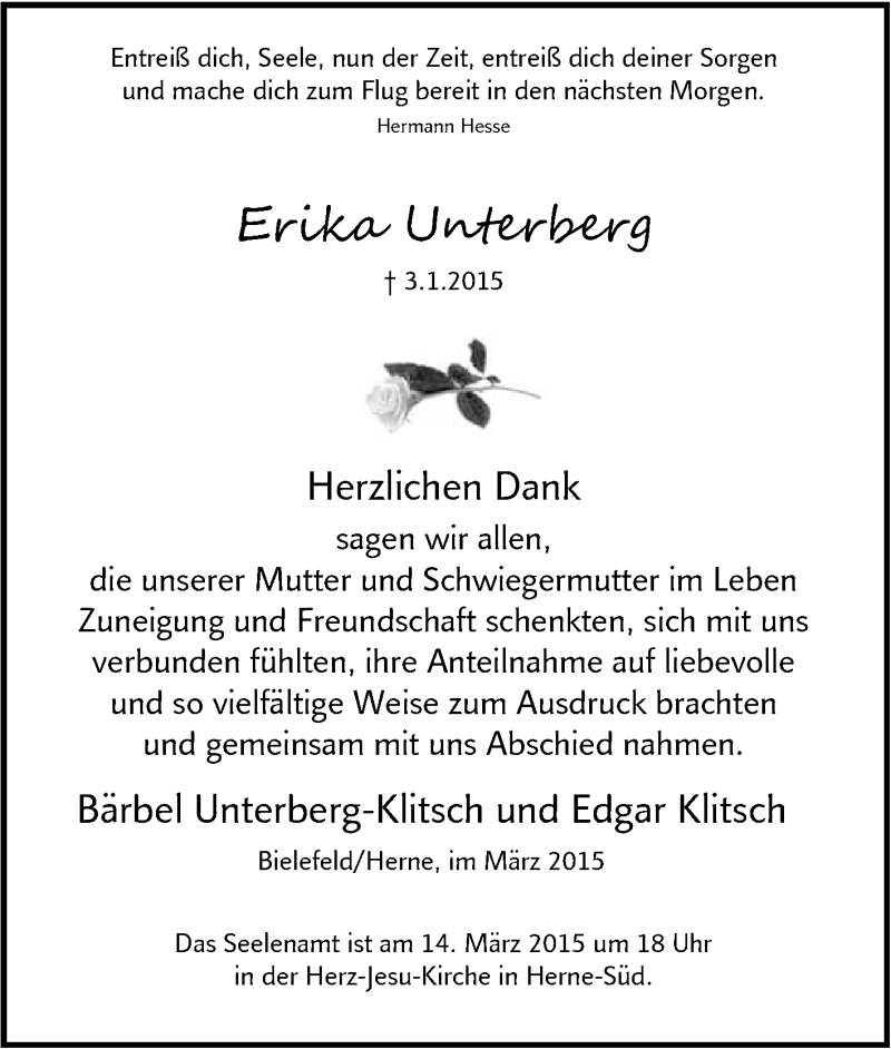  Traueranzeige für Erika Unterberg vom 07.03.2015 aus Tageszeitung