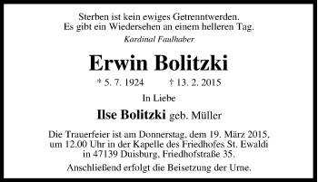 Traueranzeige von Erwin Bolitzki von Tageszeitung