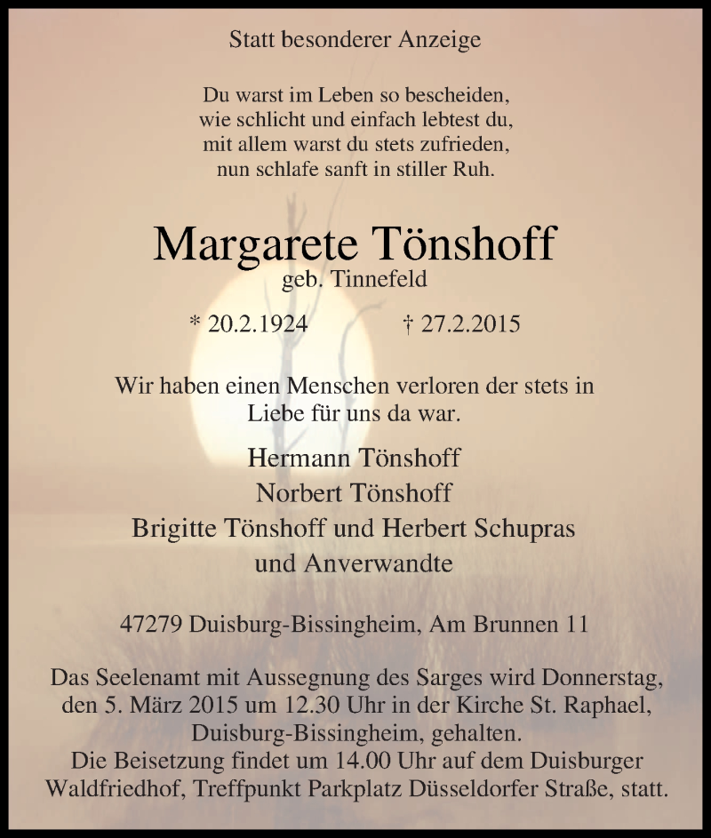  Traueranzeige für Margarete Tönshoff vom 03.03.2015 aus Tageszeitung