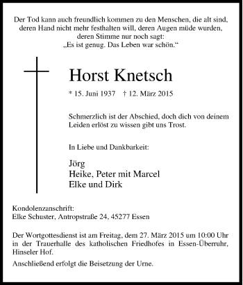 Traueranzeige von Horst Knetsch von Tageszeitung