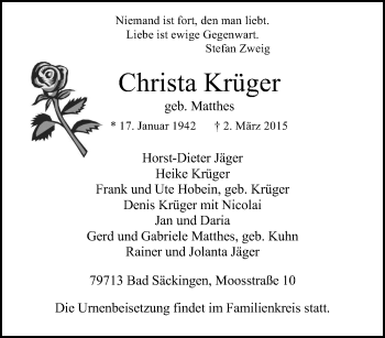 Traueranzeige von Christa Krüger von Tageszeitung