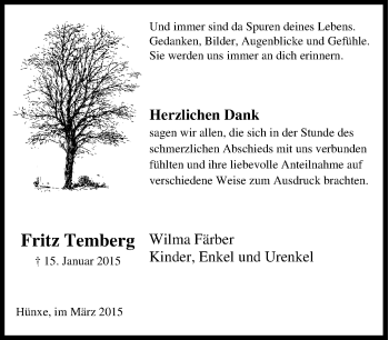 Traueranzeige von Fritz Temberg von Tageszeitung