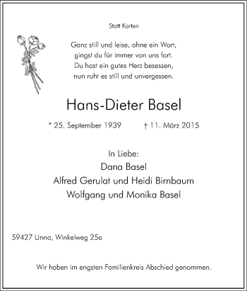 Traueranzeige von Hans-Dieter Basel von Tageszeitung