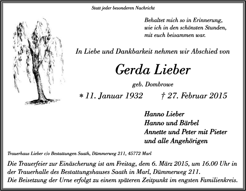  Traueranzeige für Gerda Lieber vom 03.03.2015 aus Tageszeitung