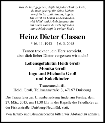 Traueranzeige von Heinz Dieter Classen von Tageszeitung