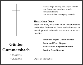 Traueranzeige von Günter Gummersbach von Tageszeitung