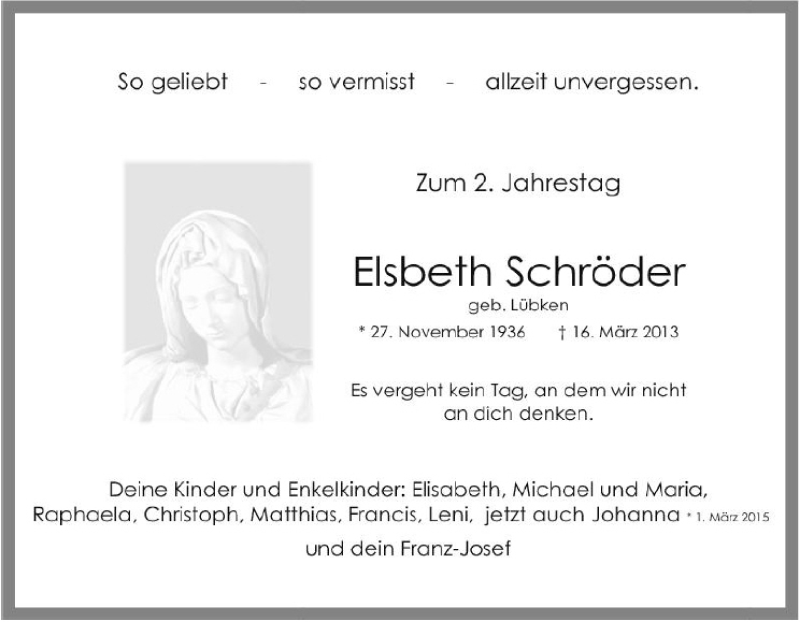  Traueranzeige für Elsbeth Schröder vom 16.03.2015 aus Tageszeitung