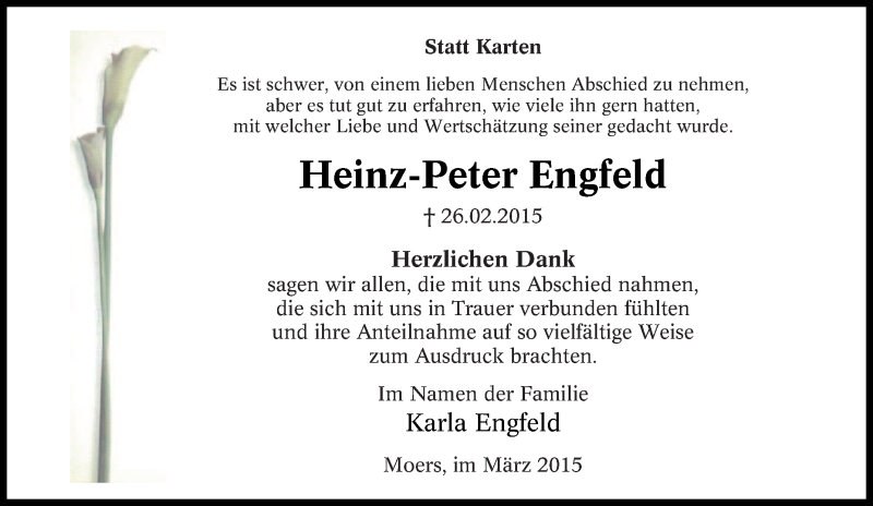  Traueranzeige für Heinz-Peter Engfeld vom 03.03.2015 aus Tageszeitung