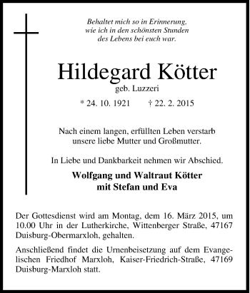 Traueranzeige von Hildegard Kötter von Tageszeitung