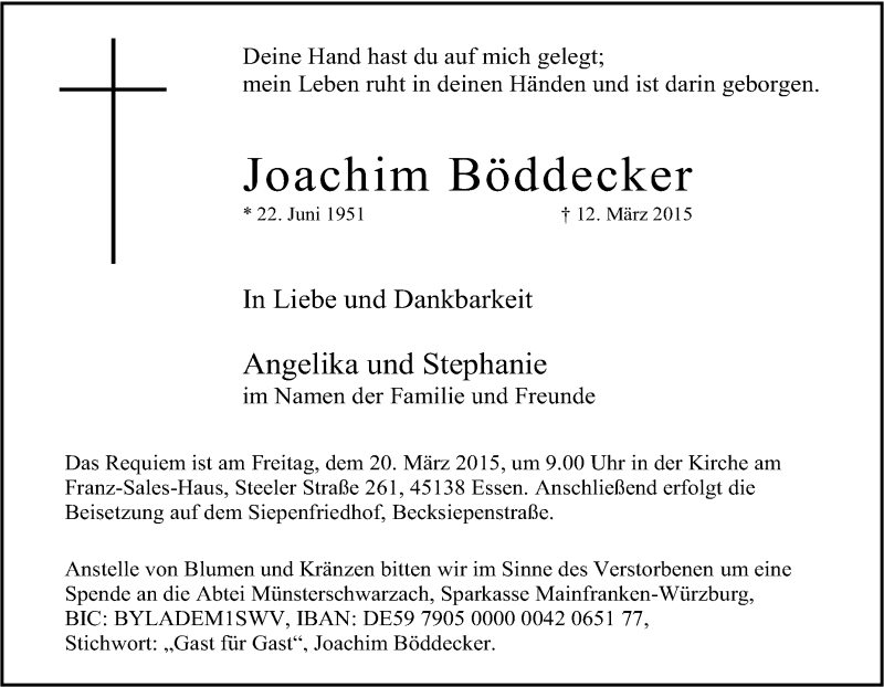 Traueranzeige für Joachim Böddecker vom 18.03.2015 aus Tageszeitung