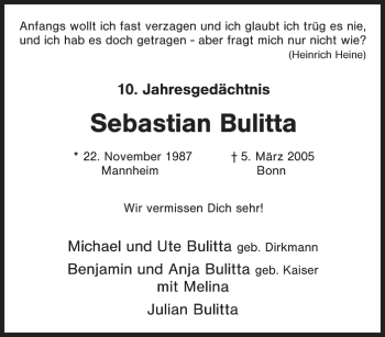 Traueranzeige von Sebastian Bulitta von Tageszeitung