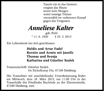 Traueranzeige von Anneliese Kalter von Tageszeitung