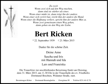 Traueranzeige von Bert Ricken von Tageszeitung