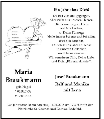 Traueranzeige von Maria Braukmann von Tageszeitung