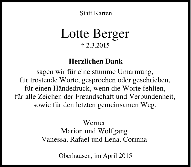  Traueranzeige für Lotte Berger vom 11.03.2015 aus Tageszeitung
