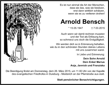 Traueranzeige von Arnold Bensch von Tageszeitung