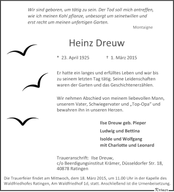 Traueranzeige von Heinz Dreuw von Tageszeitung