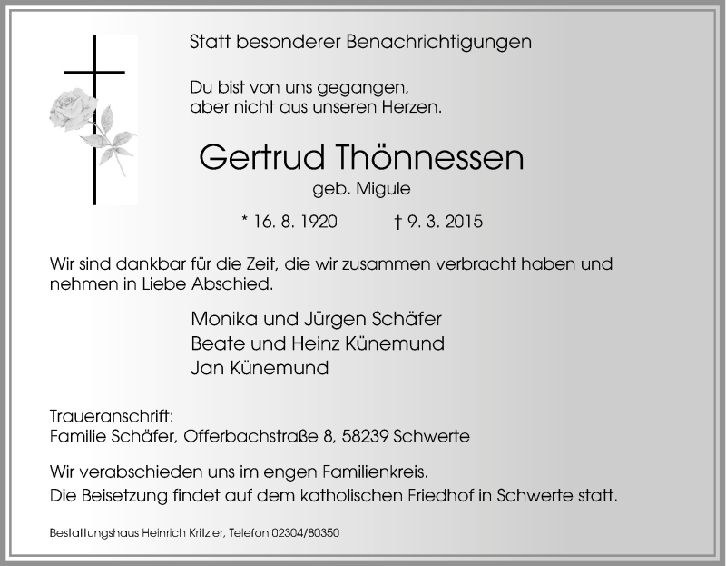  Traueranzeige für Gertrud Thönnessen vom 11.03.2015 aus Tageszeitung
