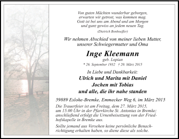 Traueranzeige von Inge Kleemann von Tageszeitung