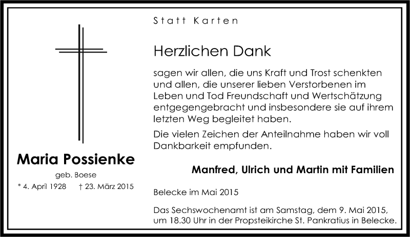  Traueranzeige für Maria Possienke vom 25.03.2015 aus Tageszeitung