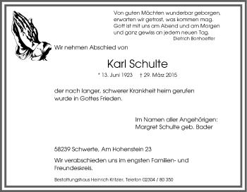 Traueranzeige von Karl Schulte von Tageszeitung