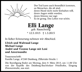 Traueranzeige von Elli Lange von Tageszeitung