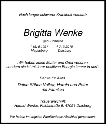 Traueranzeige von Brigitta Wenke von Tageszeitung