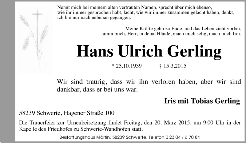  Traueranzeige für Hans Ulrich Gerling vom 17.03.2015 aus Tageszeitung