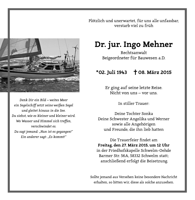  Traueranzeige für Ingo Mehner vom 14.03.2015 aus Tageszeitung