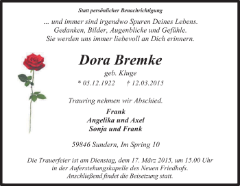 Traueranzeige von Dora Bremke von Tageszeitung