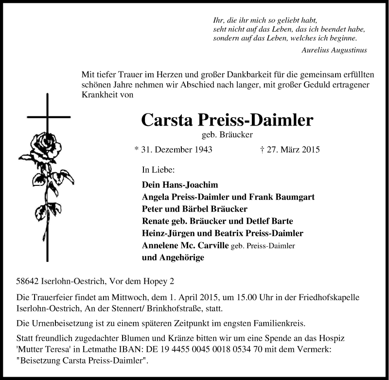  Traueranzeige für Carsta Preiss-Daimler vom 30.03.2015 aus Tageszeitung