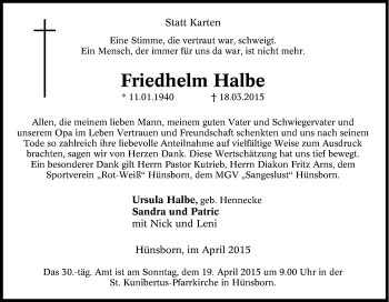 Traueranzeige von Friedhelm Halbe von Tageszeitung