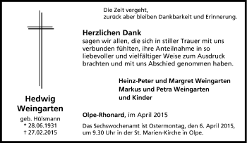 Traueranzeige von Hedwig Weingarten von Tageszeitung