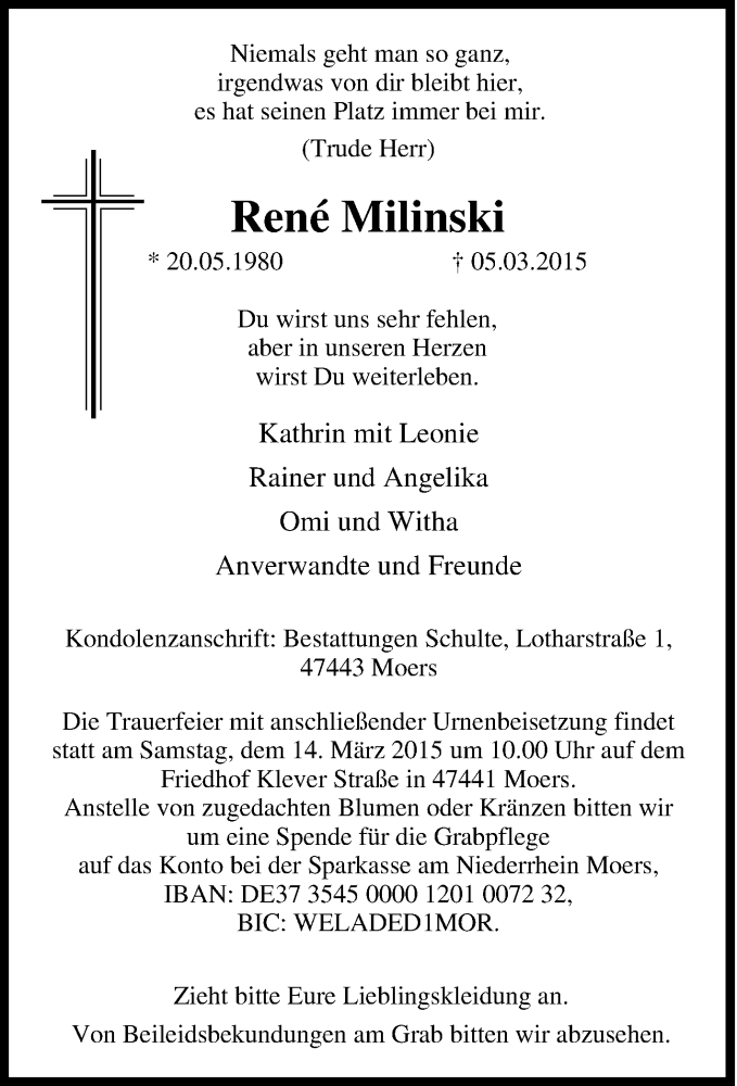  Traueranzeige für Rene Milinski vom 11.03.2015 aus Tageszeitung