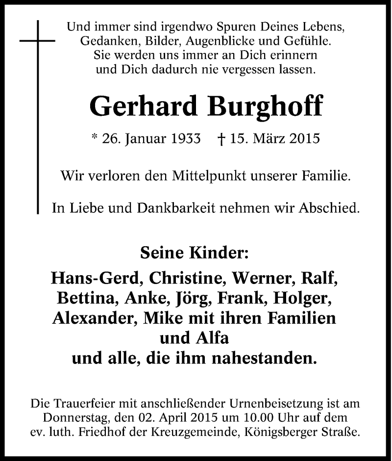  Traueranzeige für Gerhard Burghoff vom 28.03.2015 aus Tageszeitung
