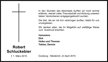 Traueranzeige von Robert Schluckebier von Tageszeitung