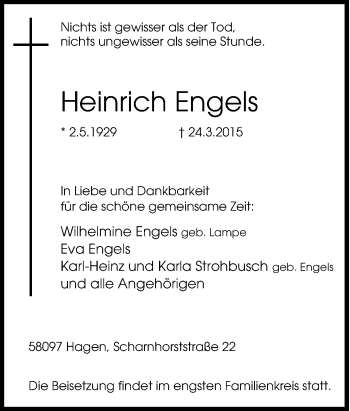 Traueranzeige von Heinrich Engels von Tageszeitung