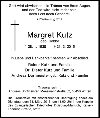 Traueranzeige von Margret Kutz von Tageszeitung