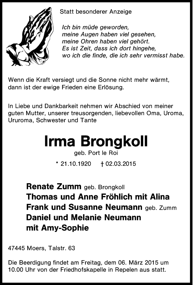  Traueranzeige für Irma Brongkoll vom 04.03.2015 aus Tageszeitung
